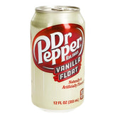 A 355ml can of Dr Pepper Vanilla Float soda showcases the brand name and flavor label on a cream background—ideal for those who enjoy classic Dr Pepper with a creamy vanilla twist.
